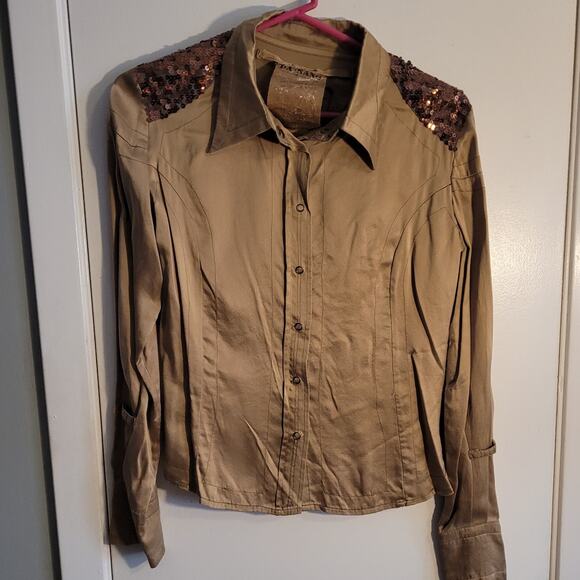 Vntg Da Nang 100% Silk Blouse Sz XS Bronze Sequin Cuff Y2K Boho Resort Wear Top - Picture 3 of 15